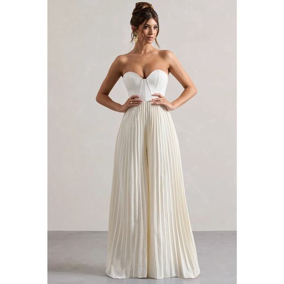 NWT Club L London Lorelai Corset Plisse Wide-Leg Jumpsuit Cream Women's Size 6 - Picture 1 of 7